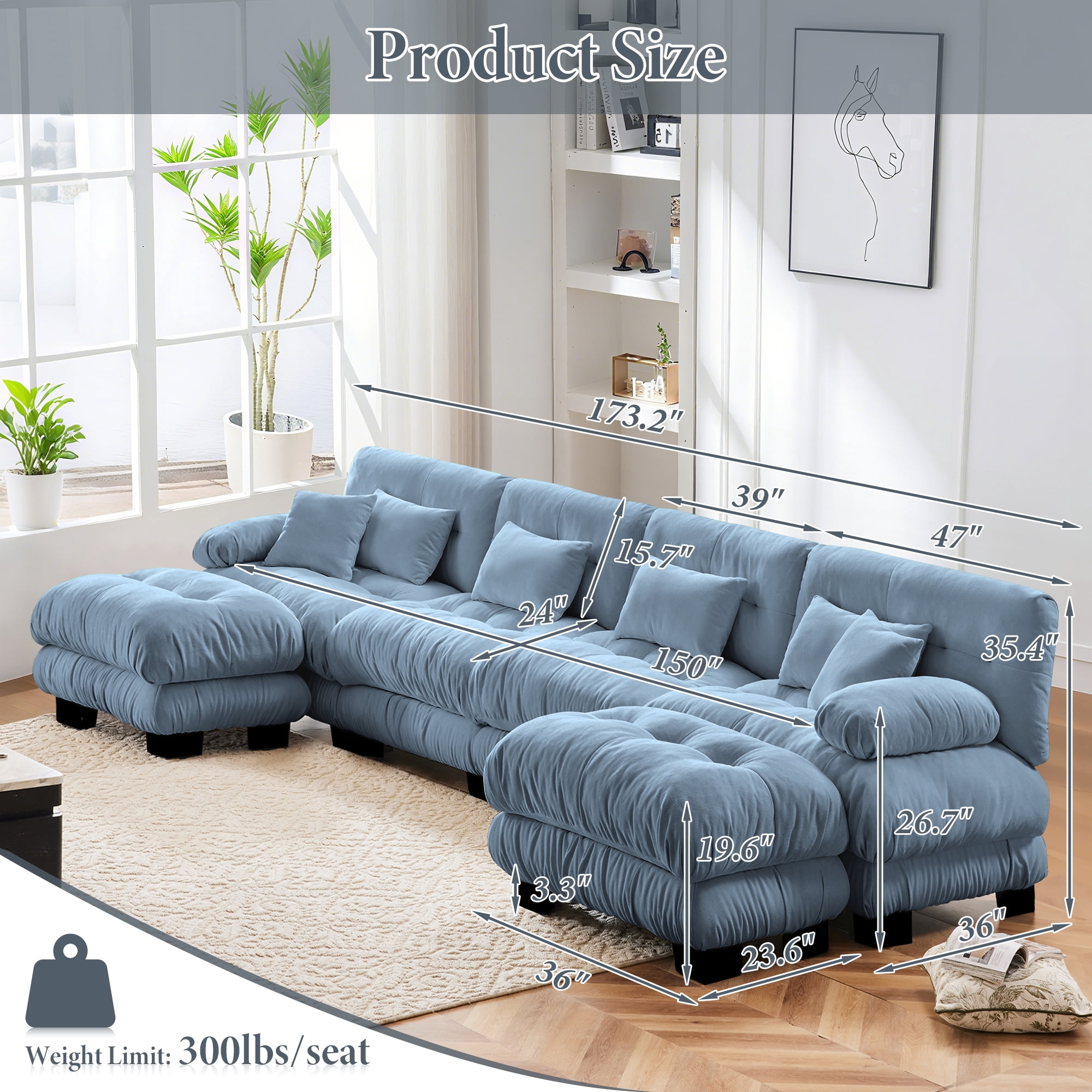 FFH 173.2" Modular Sectional Sofa, U Shaped Couch for Living Room, 4-Seater Comfy Cloud Couch with Deep Seat (Chenille Blue, 4 Seater with 2 Ottomans)