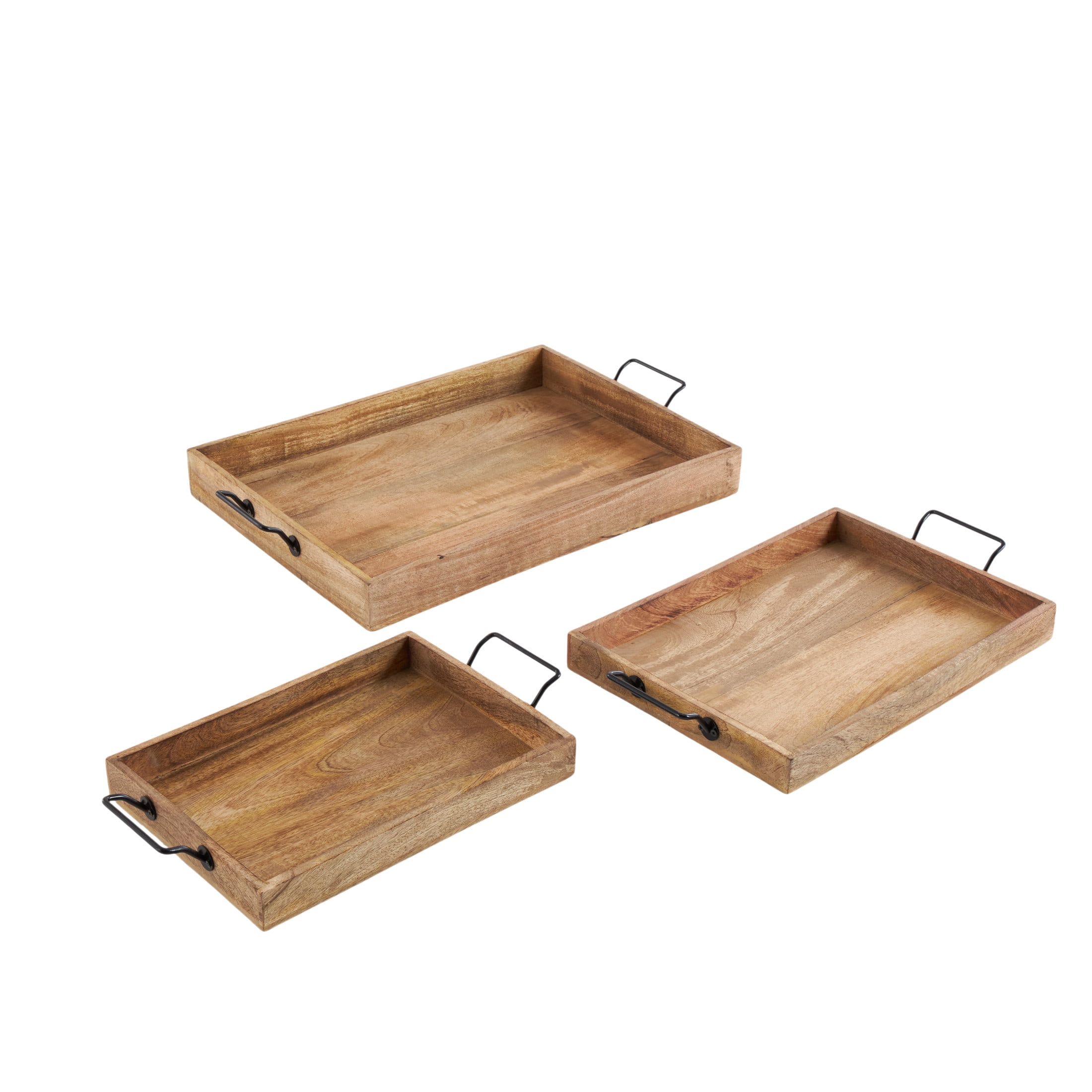 DecMode 17", 20", 24"W Brown Mango Wood Rectangular Tray with Black Metal Handles, 3-Pieces