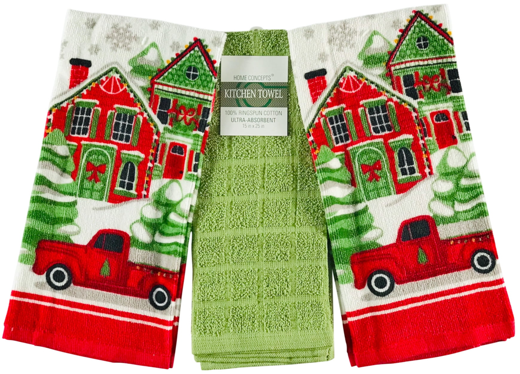 Happy Holidays Kitchen Towels Red Truck Bringing Home The Christmas