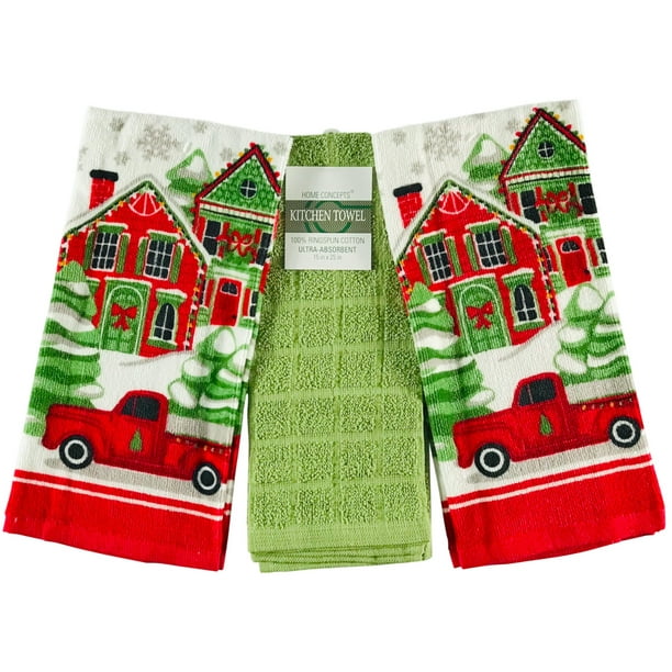Happy Holidays Kitchen Towels Red Truck Bringing Home The Christmas