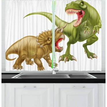 Ambesonne Dinosaur Kitchen Curtains, 2 Dinosaurs Pattern, 55"x39", Green Pink Pale Brown