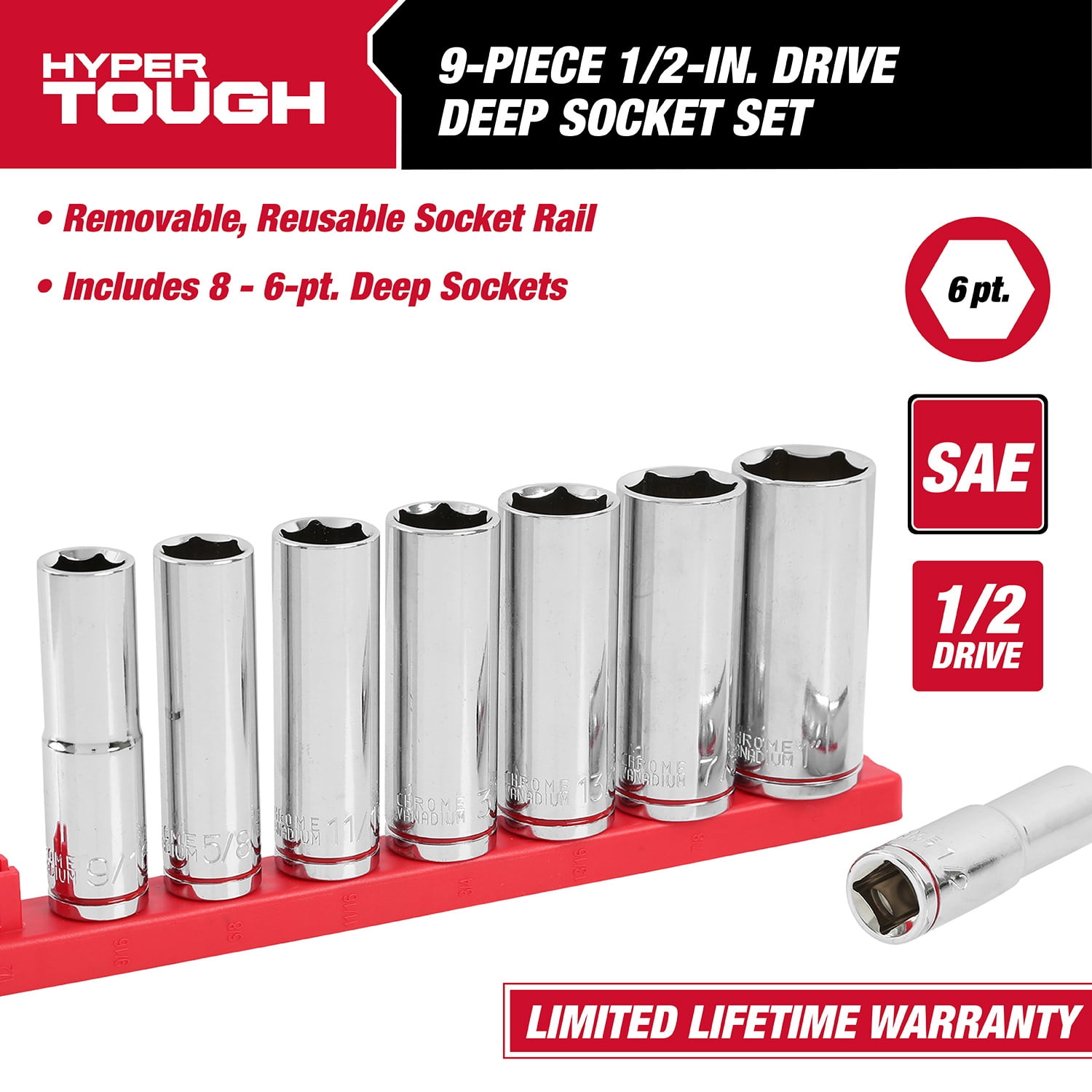 Hyper Tough 9-Piece 1/2 in Drive Deep SAE Socket Set, Model 5833