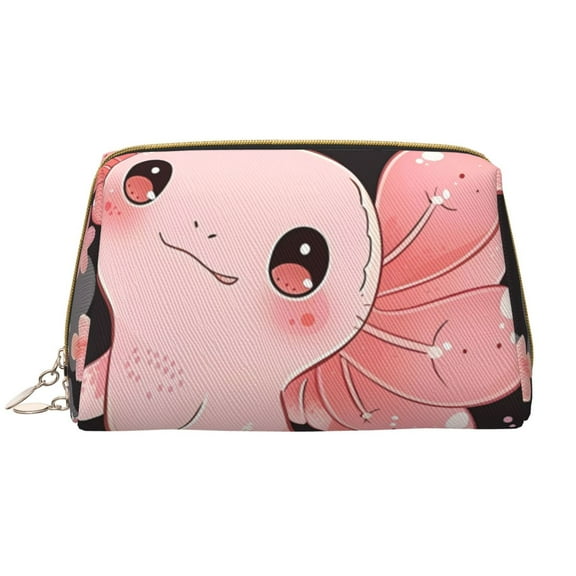 Easygdp Cute Axolotl Sakura Blossoms A Leather Makeup Bag Zipper Pouch Travel Cosmetic Organizer for Women and Girls, Make up Bag with Zipper