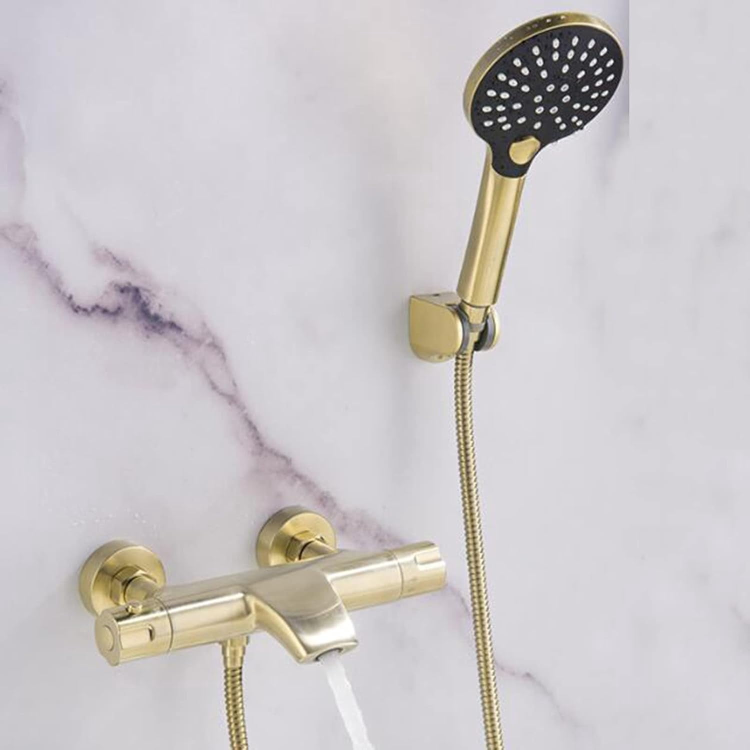 Bathtub Faucet with Handheld Shower Wall Mounted Brass Thermostat Shower Bathtub Faucet Brushed Gold