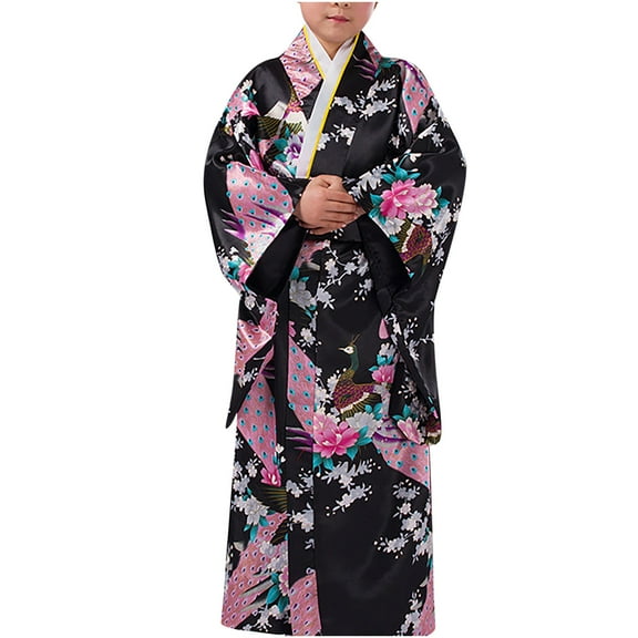 Odeerbi Girls Pajamas 2025 Fashion Kimono Tradition Improved Printing Cardigan Robe Formal Wear Set Black