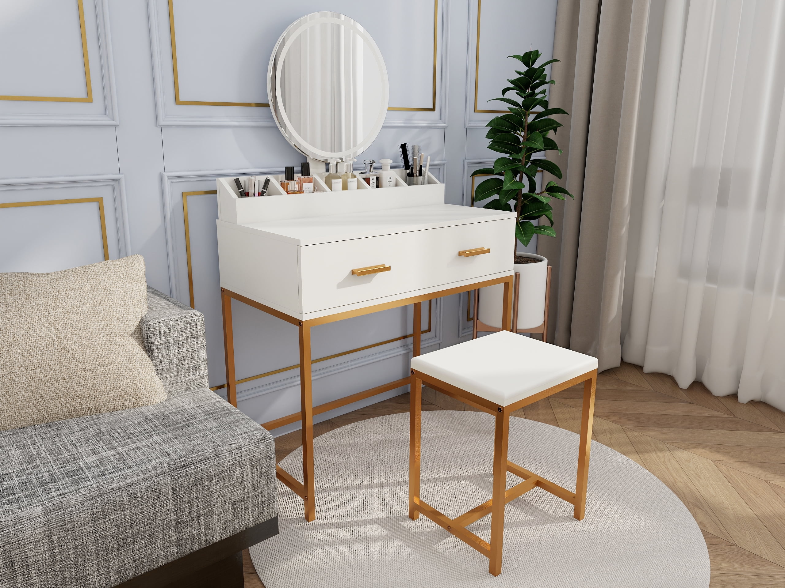 Makeup Vanity Set with Mirror, Stool and Storage Drawers, White and Gold Space-Saving Design for Small Bedrooms, 31.5"x18.5"x53.5"
