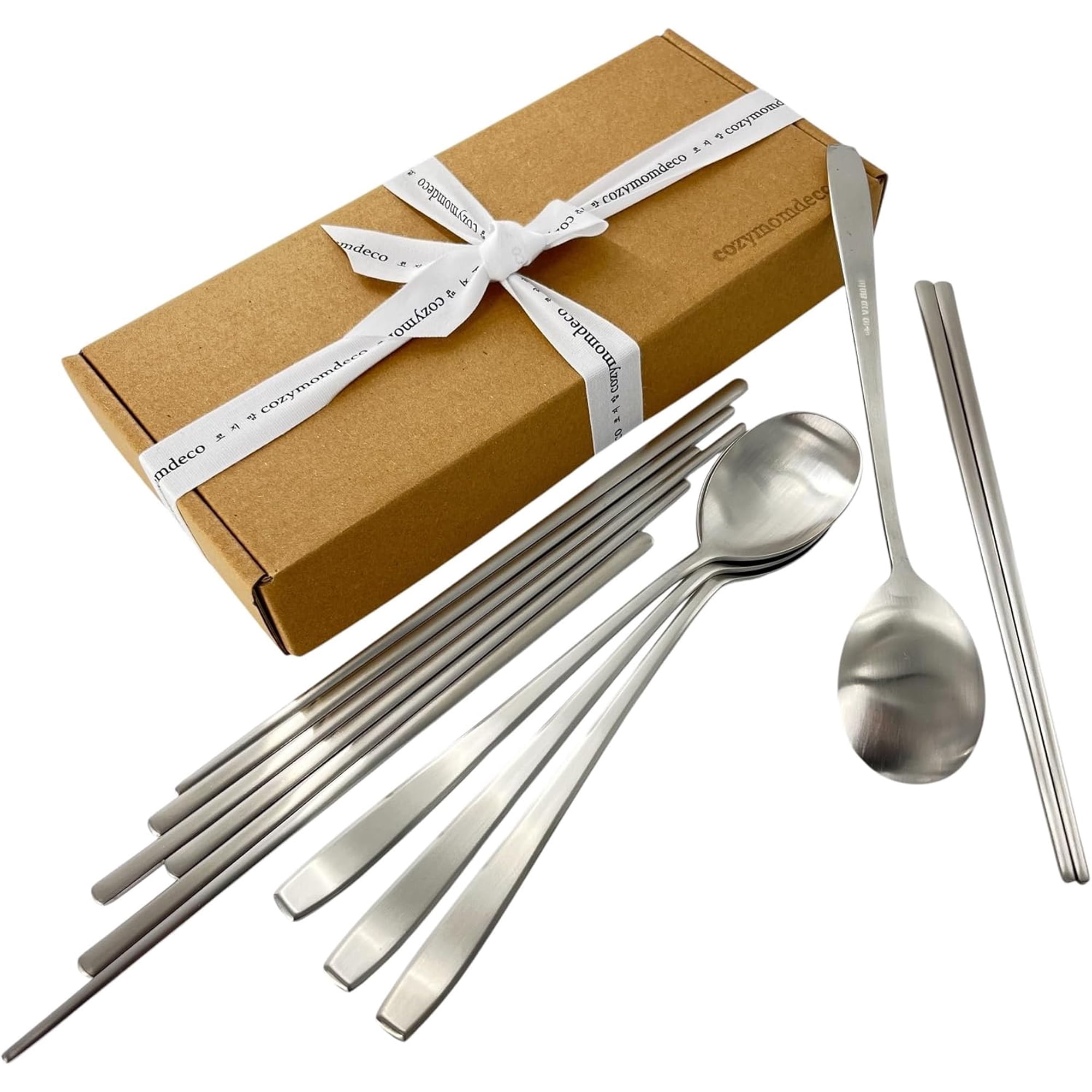 Korean Made Stainless Steel Silver Utensil Flatware Cutlery Korean Chopsticks and Spoons 4SET Gift for Mom, Stocking Stuffer