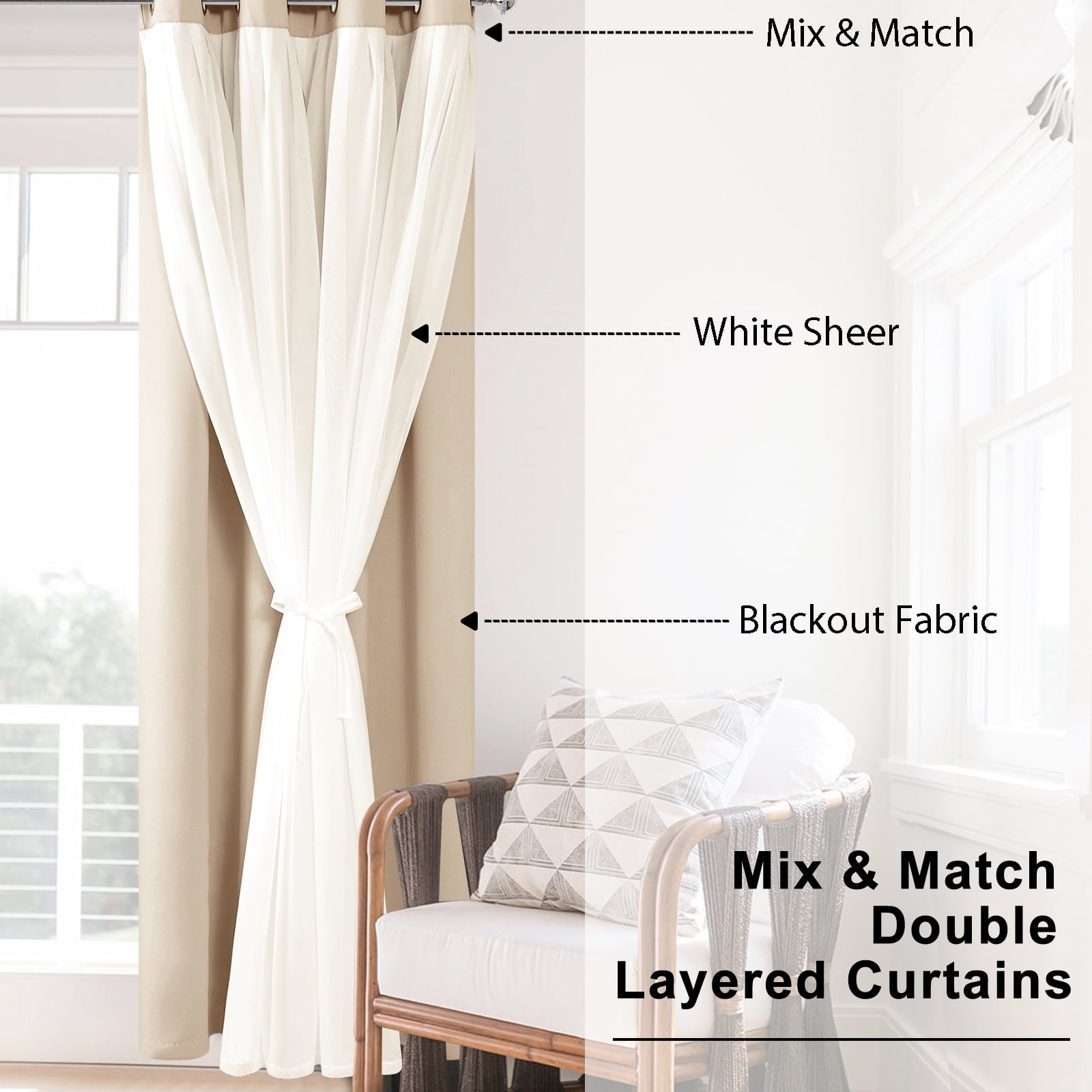 Hiasan Blackout Curtains with Sheer Overlay, Thermal Insulated Mix & Match Double Layer Room Darkening Curtains for Bedroom, Living Room, Nursery, 2 Window Panels Swen with Tiebacks, Beige, 38W X 84L