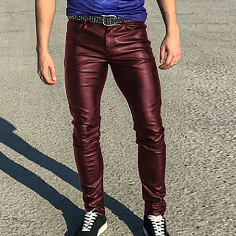 fartey Men Plus Size Leather Pants Trendy Business Slim Fit Motorbike  Trousers with Pockets Zipper Button Straight Leg Pant 