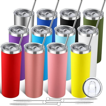 

12 Packs Stainless Steel Skinny Tumblers with Lids and Straws 20 Oz Double Wall Vacuum Insulated Tumbler Cup Reusable Slim Travel Mug with Cleaning Brush for Coffee Cold Hot Drinks (Multicolored)