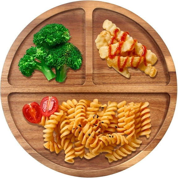 Acacia Wood Portion Control Plate Divided Plate for Adults Bariatric Dinner Plates Round Wooden Tray Food Platters for Weight Loss Plate Diabetic Sectioned Plates Balanced Meal Diet Divider Plates