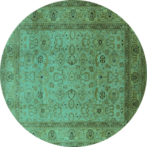 Ahgly Company Machine Washable Indoor Round Oriental Turquoise Blue Traditional Area Rugs, 3' Round