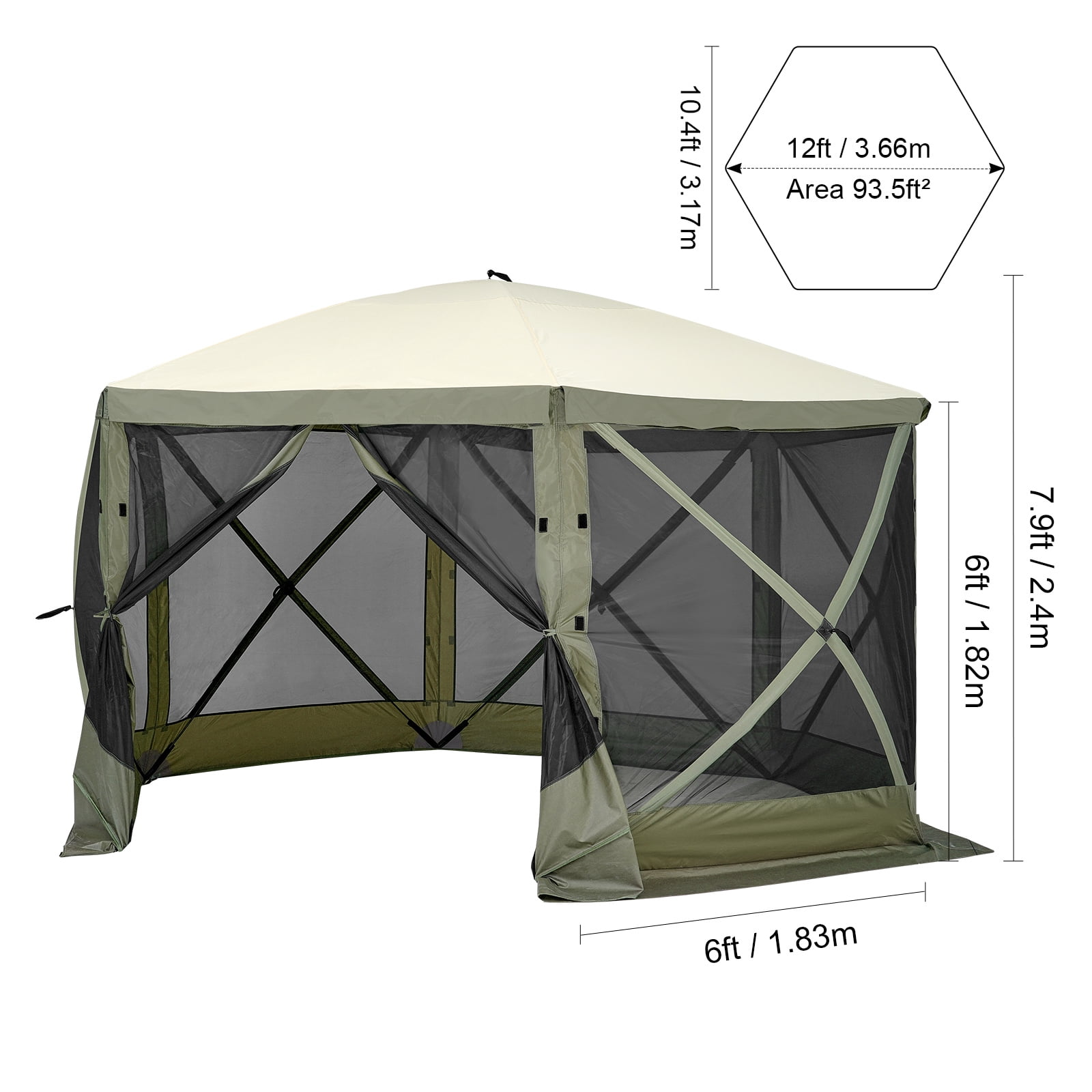 KFFKFF Pop-Up Canopy Tent, 6-Sided Screen Shelter with Detachable Wind Panels & Mesh Windows, 12x12FT Instant Screen House with Bug Netting, Army Green