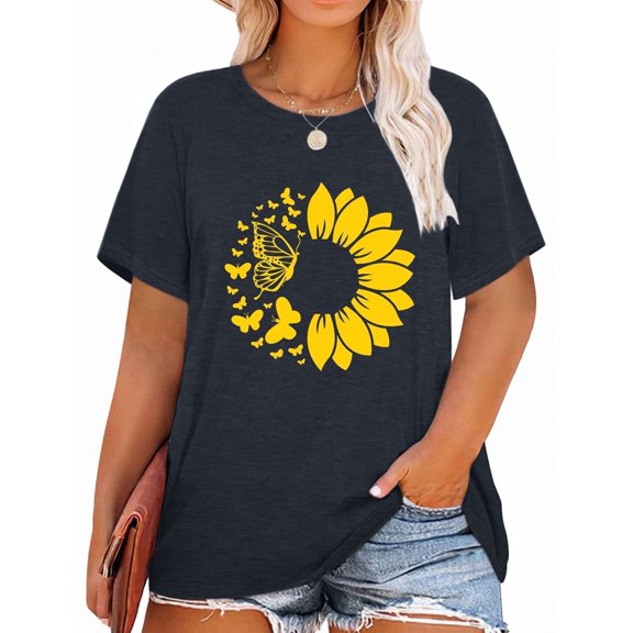 XCHQRTI Women Butterfly Daisy Tshirt Plus Size Shirts Casual Summer Tee