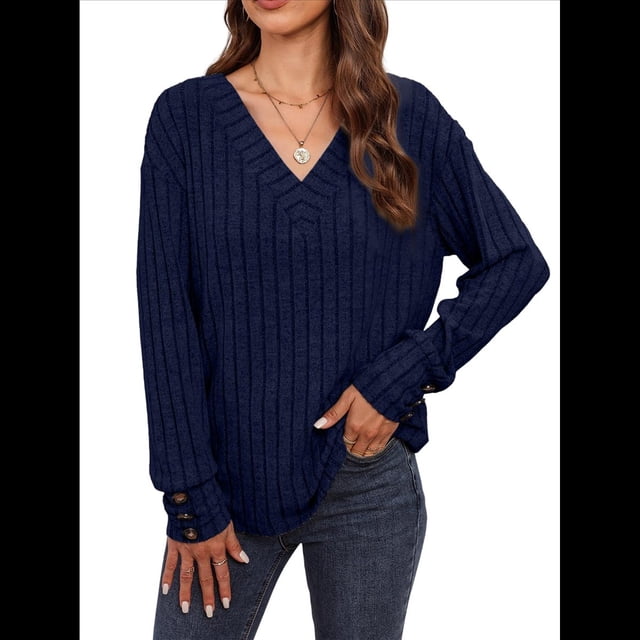 Camisas Tipo Túnica de Punto con Cuello en V, Larga y Botones Decorativos, Informales, Lisas, Suaves para Mujer Azul Marino XL