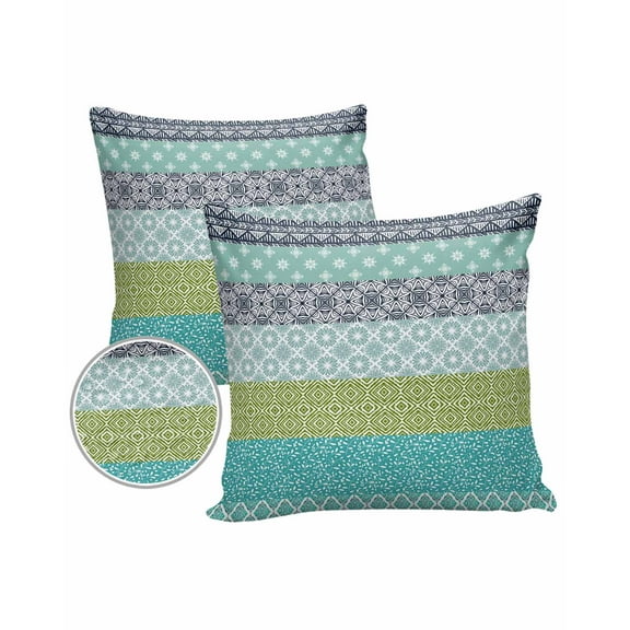 Pack of 2 Outdoor Pillow Covers, Boho Blue and Green Striped Geometric Ethnic Style Waterproof Square Throw Pillowcase Cushion Decorative Pillow Covers for Couch Patio Tent, 20x20 in