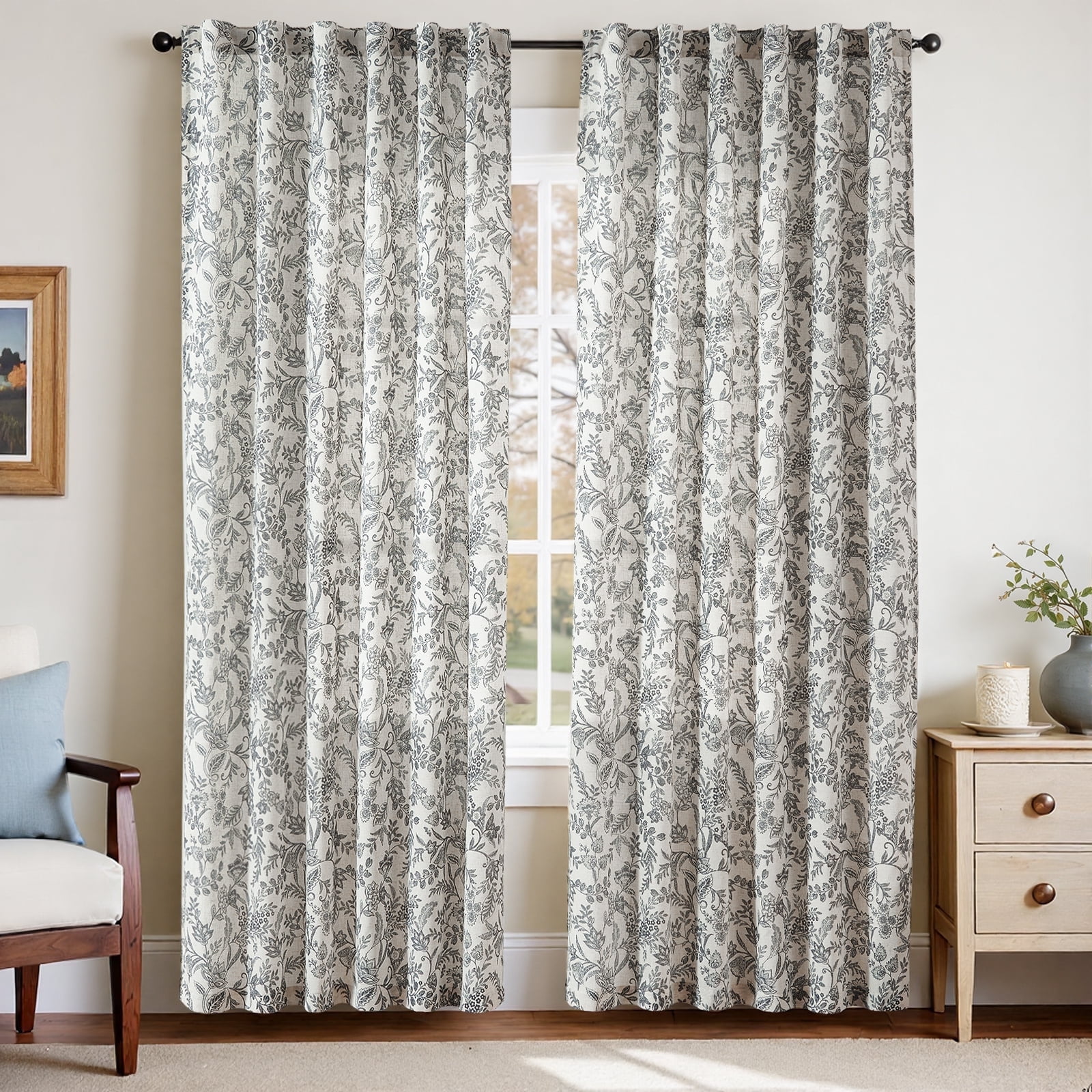 Curtainking Floral Curtains Linen Farmhouse Curtains for Living Room 84 inch Country Curtains Back Tab Semi Sheer Curtains Light Filtering 2 Panels Black on Beige