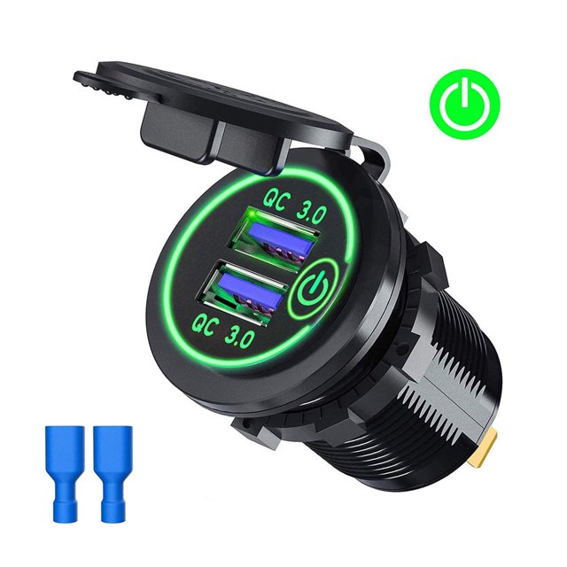 Riwesomey Enchufe de de coche ABS, a prueba de polvo, carga rápida, Interruptor táctil USB Dual, RV, barcos, yates, accesorios de toma de Gafas de moto Luz verde
