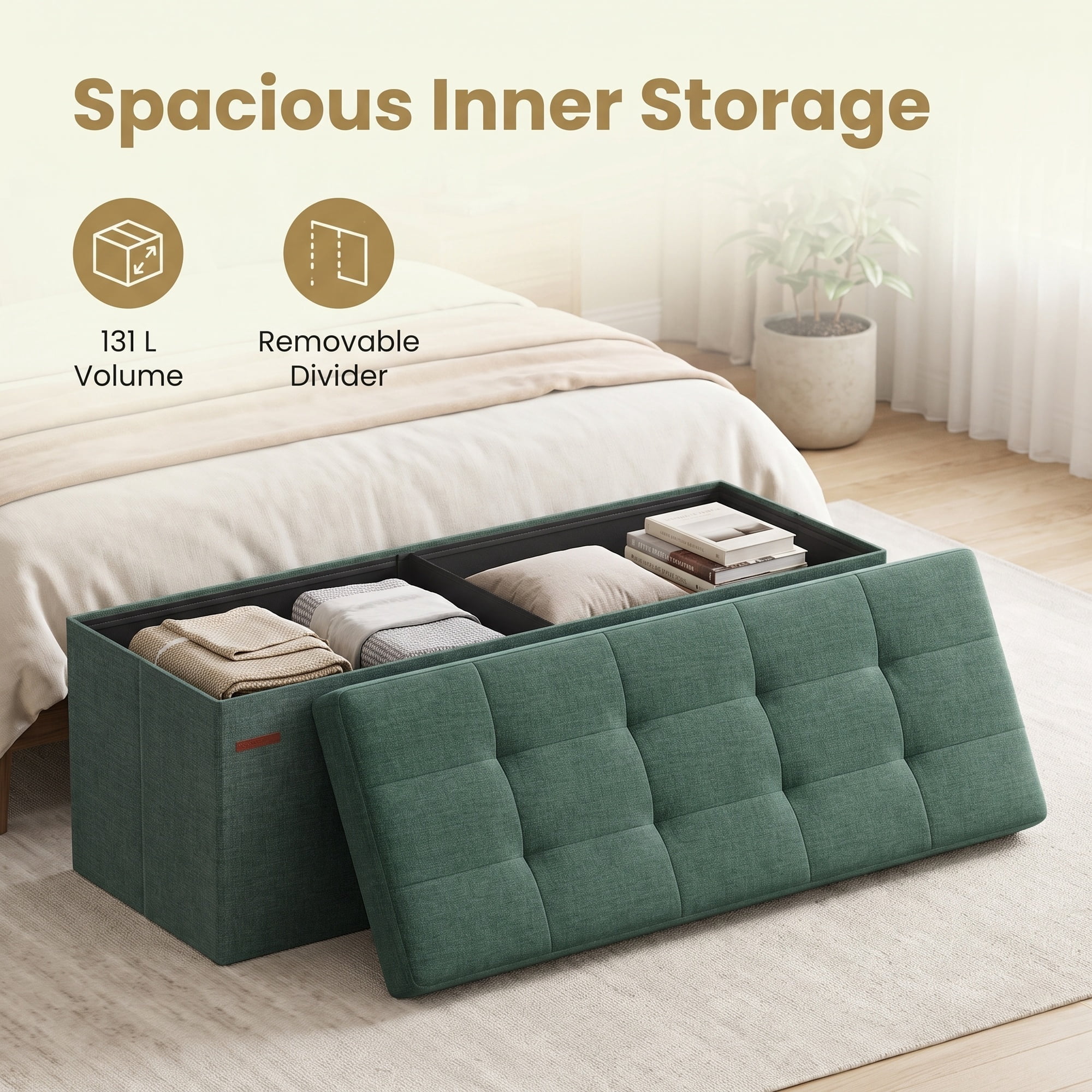Ledrem Retro Green Foldable Storage Ottoman Bench with 660lb Capacity