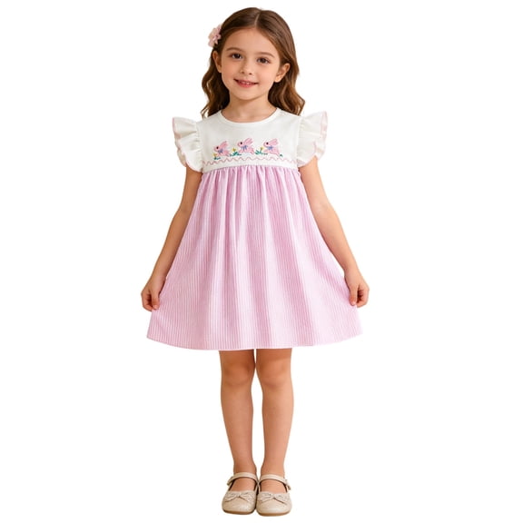 DHFJKG Girls Striped Dress Easter Bunny Embroidered Floral Summer Sleeveless Casual Party Mini Dresses For Baby Toddler 6M-4Y Versatile Dresses