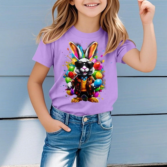 Gzbliryd Easter Bunny T Shirt Cotton Tees Graphic Print Graphic Easter T Shirts for Girl Funny Lettering Graphic Tee Tops 2026 (Purple,12-13 Years)