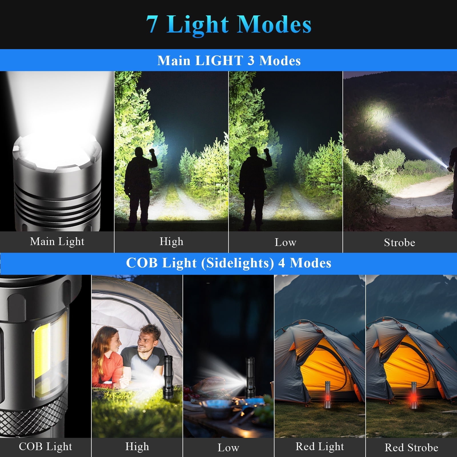 AMBLER LED Flashlights, 90000 Lumens Zoomable 7 Modes Rechargeable Flash Light for Outdoor Home Hiking Camping Essentials, 2 Pack