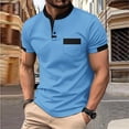 thumbnail image 4 of FRSASU Men's Single Breasted Pocket Round Neck Color Block Short Sleeve Button Down Summer Patchwork Print Polo Shirt Blue, 4 of 5