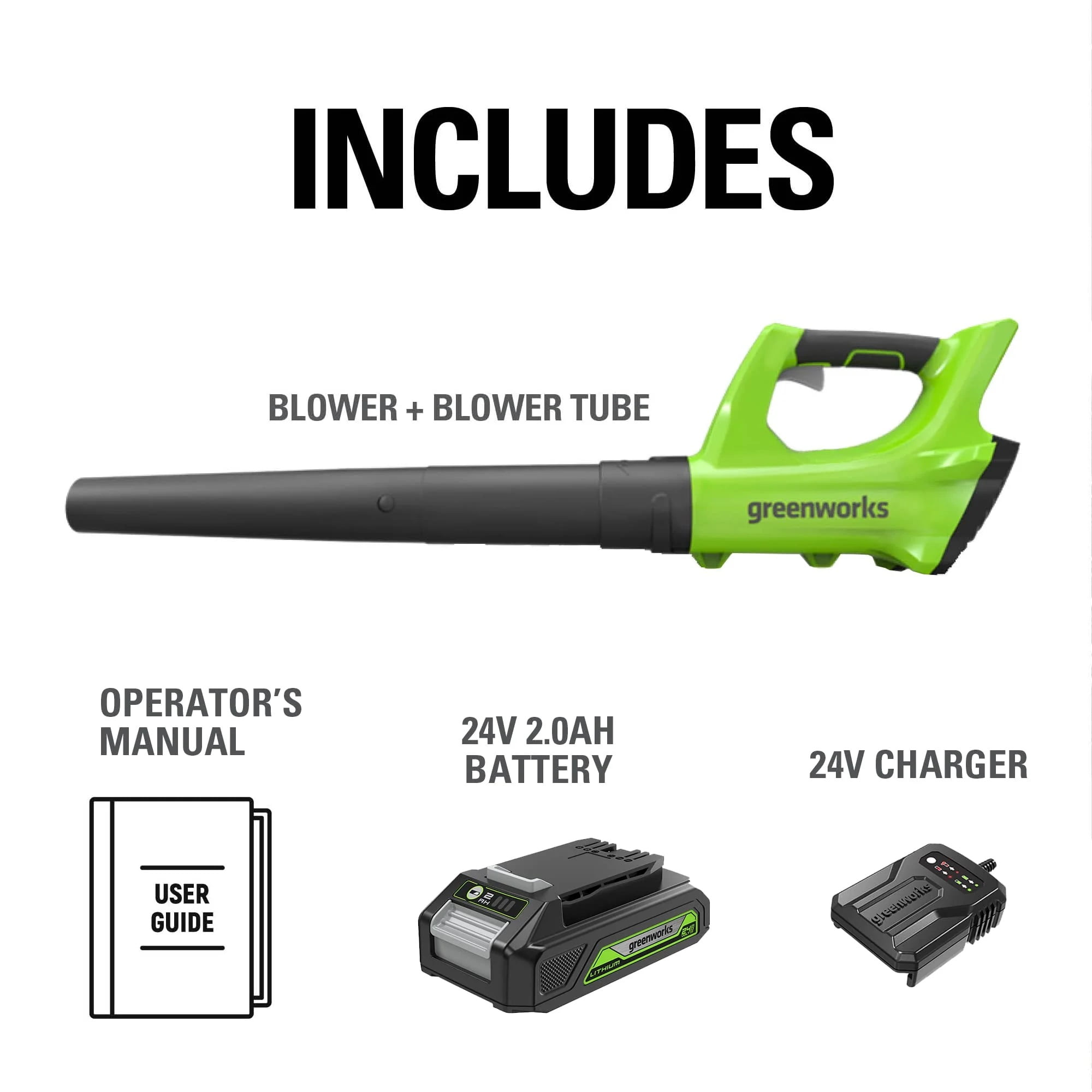 Greenworks 24V 330 CFM 100 mph Cordless Leaf Blower with 2.0 Ah Battery and Charger, 2403502AZ