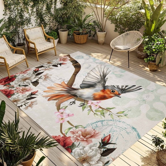 Spring Bird Outdoor Rug 3x5 Ft - Reversible Patio Rug Outdoor Camping Rugs, Summer Vintage Farmhouse Branch Flower Washable Indoor Outdoor Area Rugs, Non-Slip Outdoor Carpet Runner for Deck/Porch