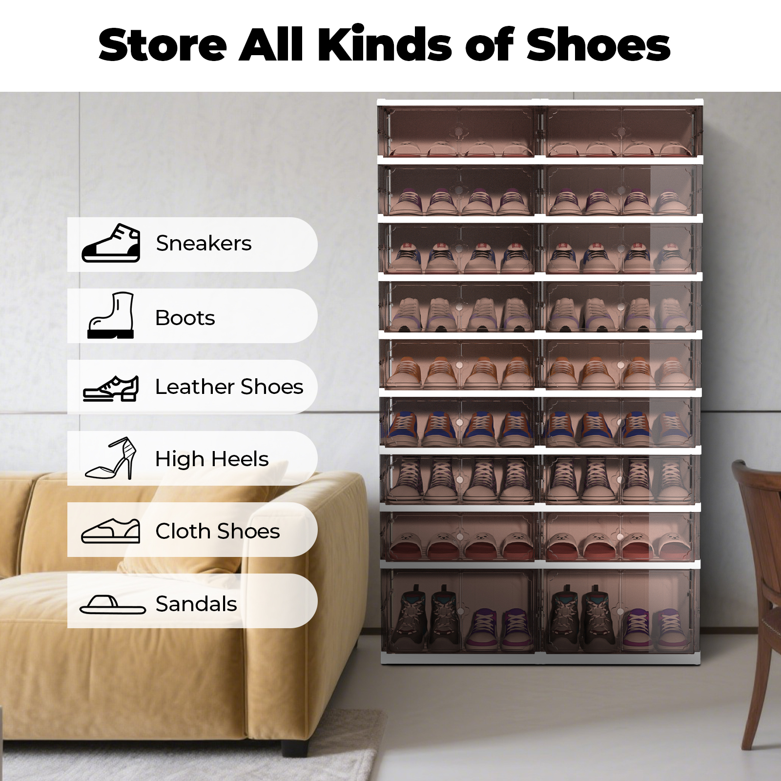 9 Tier 18 Pairs Foldable Shoe Rack with Wheels,Portable Plastic Shoe Storage Cabinet