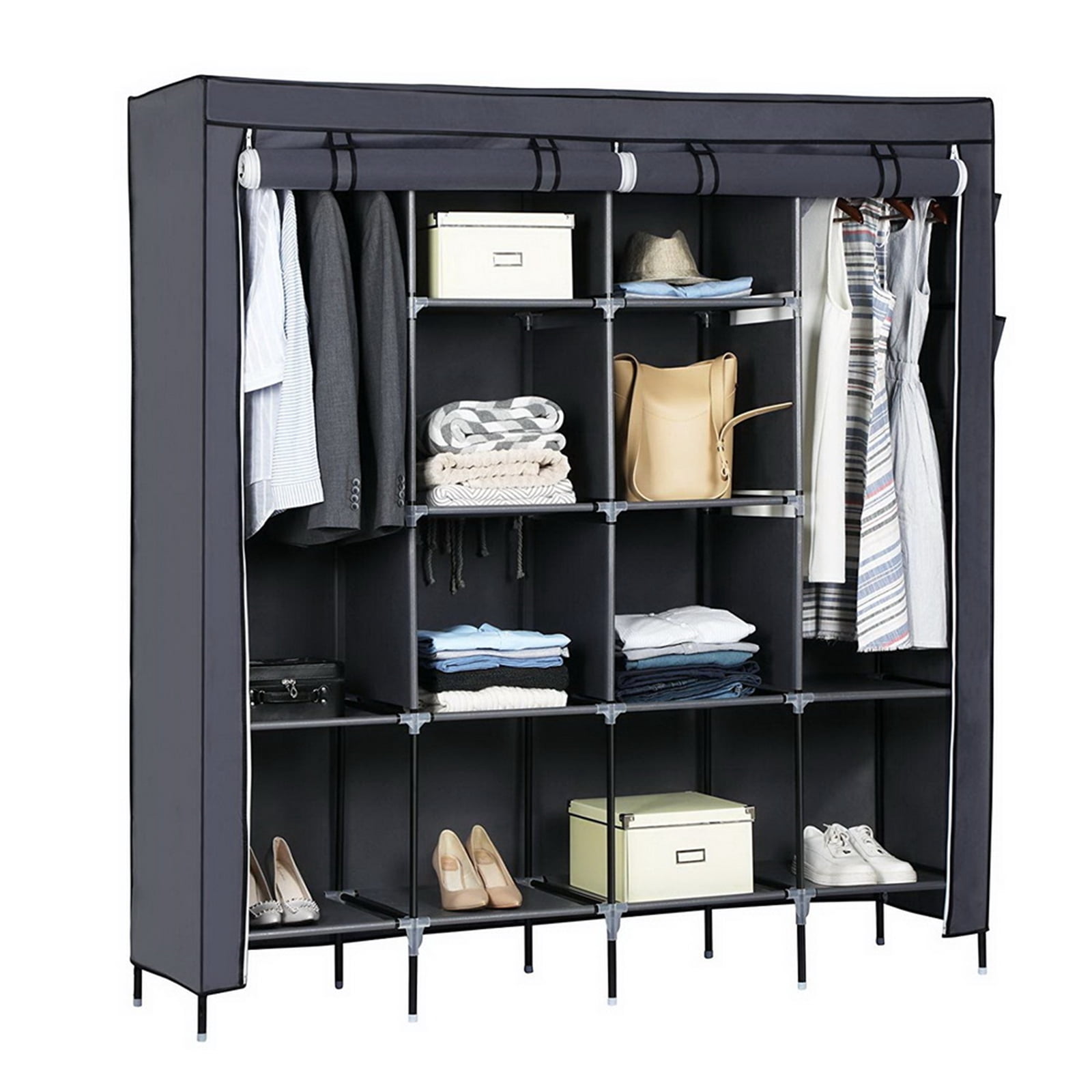 67" Clothes Closet Portable Wardrobe Clothes Storage Rack 12 Shelves 4 Side Pockets, Gray