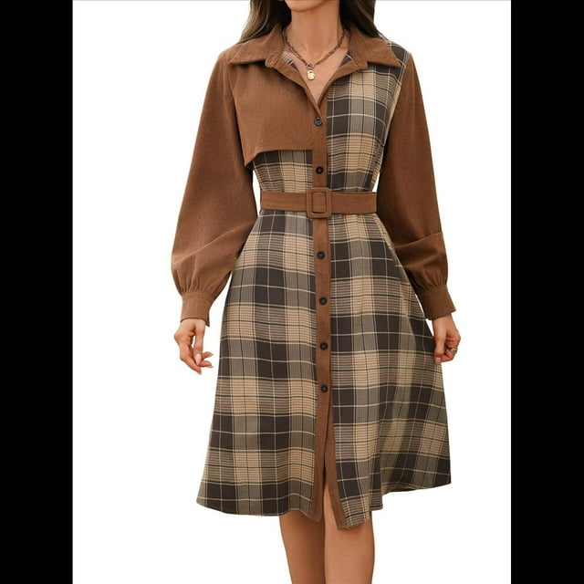 Túnica de Larga con Estampado A Cuadros para Mujer, Estilo Retro, Informal Marrón S