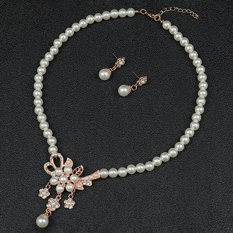 Rutiya 1 Set Women Necklace Beaded Glossy Faux Pearls Embedded Flower Bride  Necklace Stud Earrings Kit Wedding Jewelry