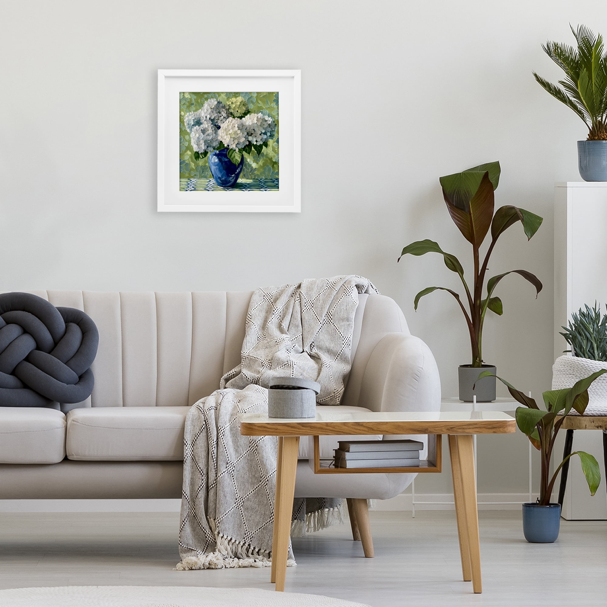 Stupell Industries White Hydrangeas in Blue Vase White Framed Print Under Glass, design by Gina Kelly