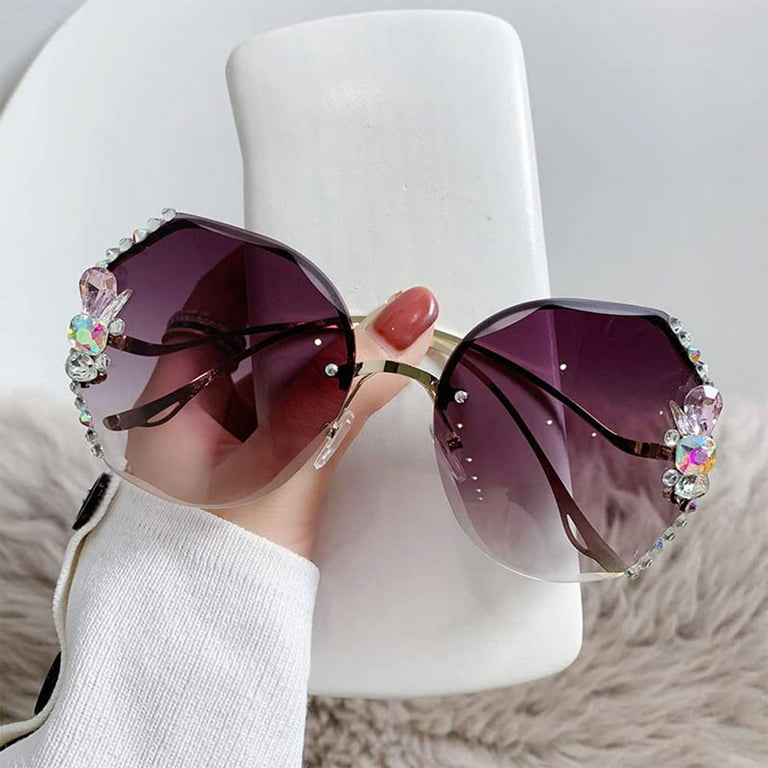 Lieonvis Rimless Diamond Sunglasses Women Shades UV400 Protection Rimless  Vintage Sun Glasses Rimless Gradient Sun Glasses Rhinestone Retro Sunglasses  for Outdoor Activity 