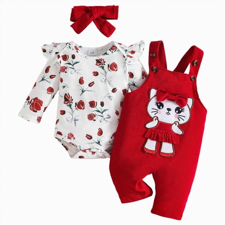larppty Baby Girl Clothes Newborn Romper Cute Cat Ruffled Long Sleeve Love Fall Winter Outfits with Bow Headband (Red 12-18 Months)
