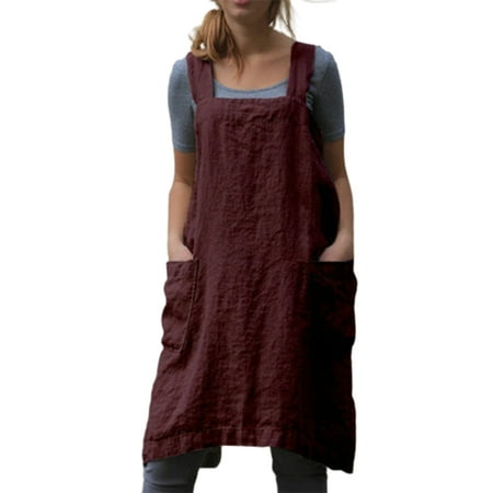 

Women s Cotton Linen Apron Housework Baking Wrap For Gardening Painting Cleaning Cooking XL Wine Red