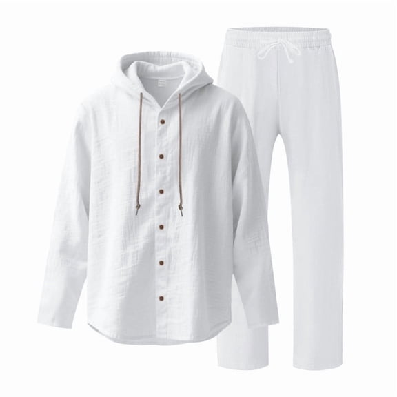 Hinvhai Men's Hooded Casual Loose Top & Pants 2Piece Set Linen Suit Outfit for Men Beach Yoga Shirts Long Sleeve White M(M)