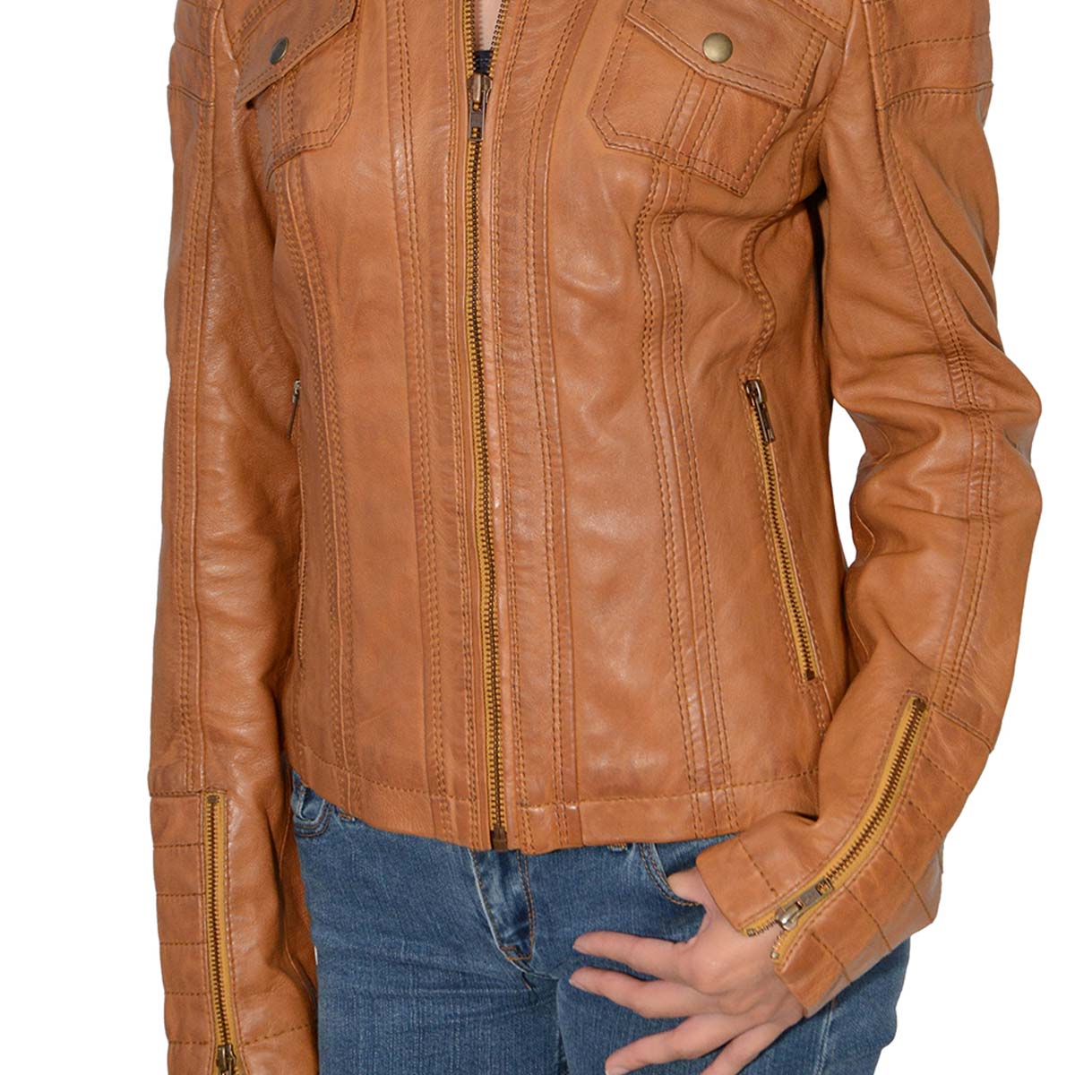 Milwaukee Leather SFL2805 Women's Cognac 'Quilted' Mandarin Collar Fashion Casual Leather Jacket 4X-Large - image 2 of 2