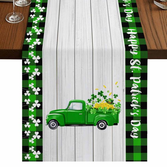 Table Runners 72 Inches Long Dress Scarves, St. Patrick's Day Farmhouse Kitchen Table Runner, Coffee Tablerunners, Spring Lucky Grass Truck Gray Wood Plaid 14x72 Inch
