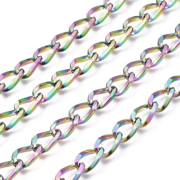 Ion Plating(IP) 304 Stainless Steel Twisted Chains Curb Chains Unwelded with Spool Rainbow color 10.8x5.7x2.5mm 32.8 Feet(10m)/roll