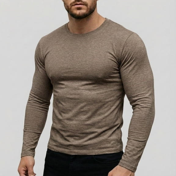 Domuza Men's Muscle Fitted T Shirt Gym Workout Athletic Long Sleeves Tee Soft, Comfortable and Elastic Coffee XL