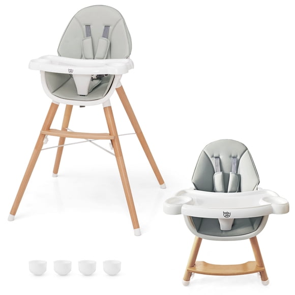 Costway Baby High Chair Wooden Feeding Chair with 4-Gear Tray & Removable Cushion GrAy