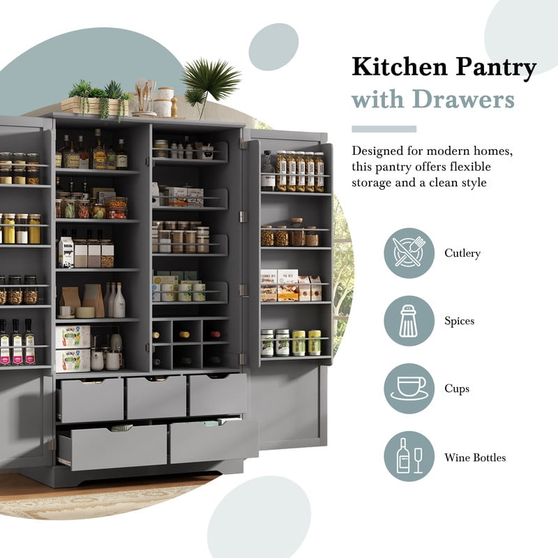 All-in-One Kitchen Pantry Bar Cabinet with Drawers, Hidden Trays, Racks & Adjustable Shelves, Freestanding Storage Cupboard