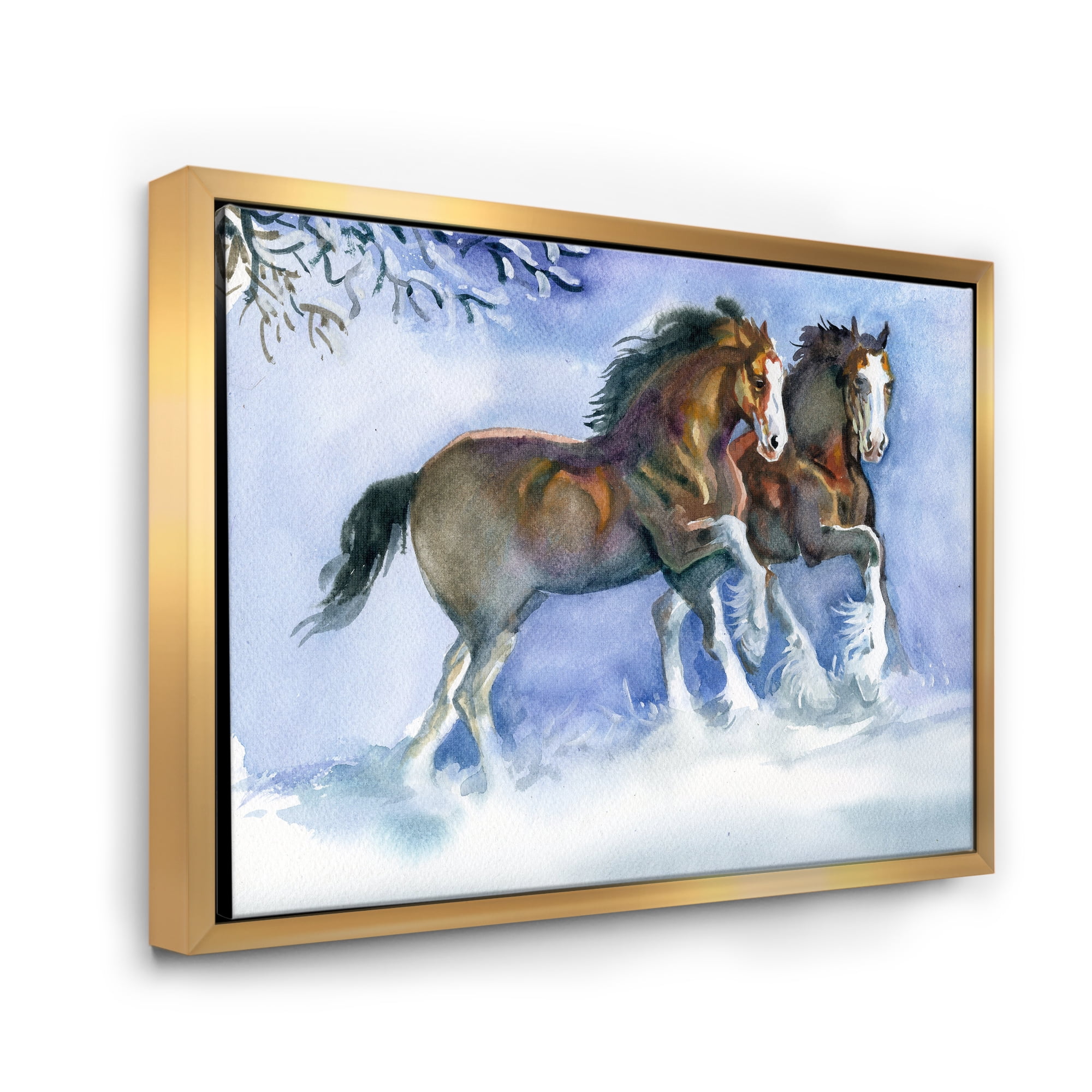 Designart 'Horses Running In Winter On Blue' Farmhouse Framed Canvas Wall Art Print
