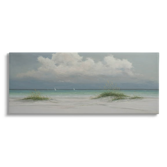 Puffy Clouds Beach Sailboats Coastal Painting Gallery Wrapped Canvas Print Wall Art