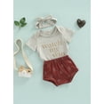 thumbnail image 3 of Franhais Baby Girl Boy Shorts Set Letter Print Short Sleeve Crew Neck Romper/Tops with High Waist Shorts Headband, 3 of 9