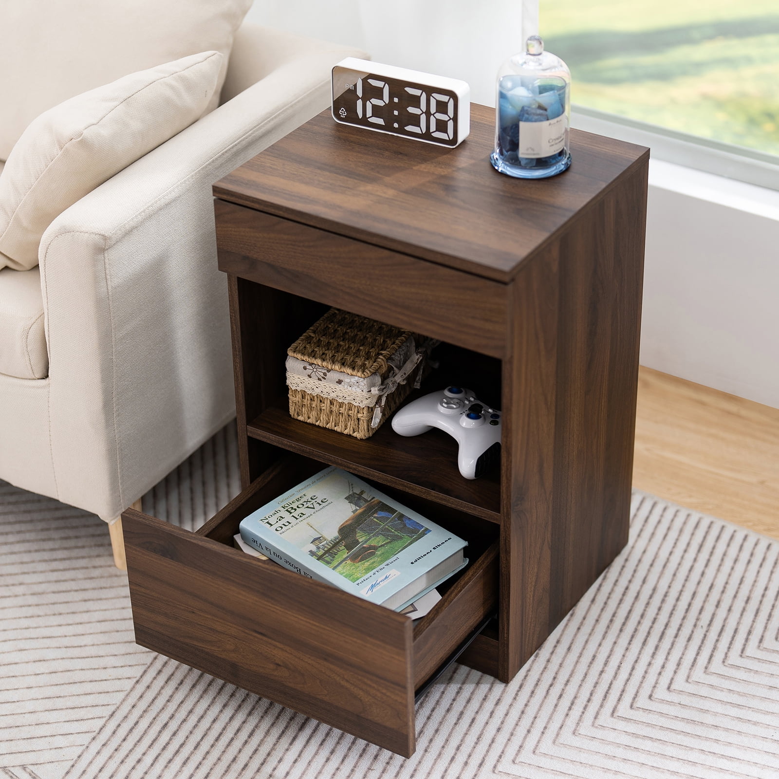Hommpa Nightstand, 2 Drawer Nightstand Open Shelf Nightstands Brown Bedside Table Nightstands with Storage End Tables Living Room Bedroom Furniture Dark Walnut