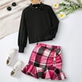 thumbnail image 3 of Wuxian Winter Outfits For Girls Boys Elegant Two Piece Clothing Sets Turtleneck Pearl Solid Color Long Sleeve Ribbed Shirt Top And Plaid Pleated Short Skirt Formal Stylish Outwear,Black,9-10 Years, 3 of 8