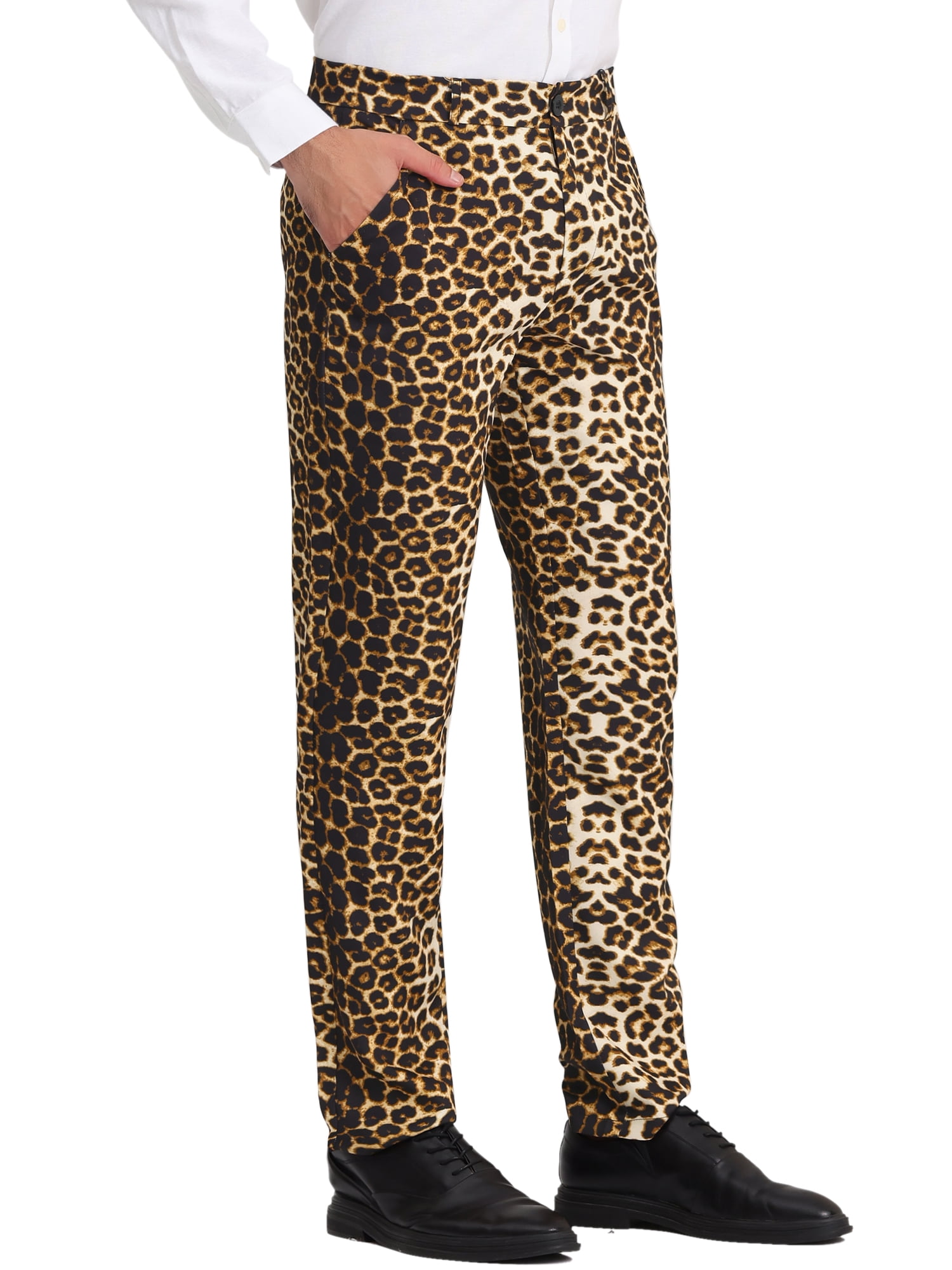 Unique Bargains Men's Animal Printed Flat Front Zipper Closure Party Prom Dress Pants 34 Leopard Print